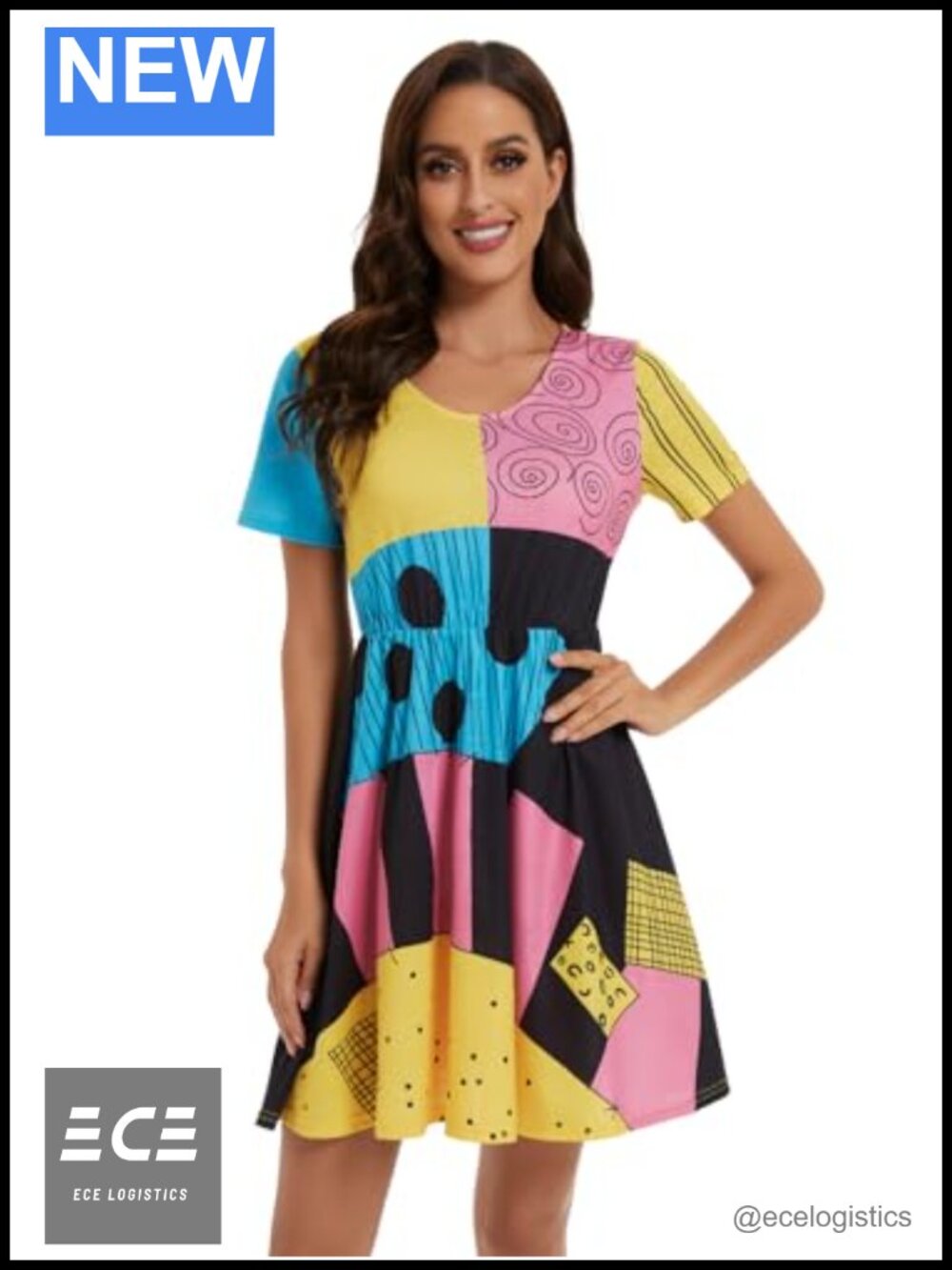 Sally Costume Dress Women Halloween Short Sleeve Polyester Spandex Cosplay